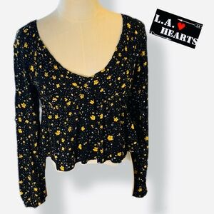 PacSun L.A. Hearts Black Yellow Floral Cropped Blouse Small EUC